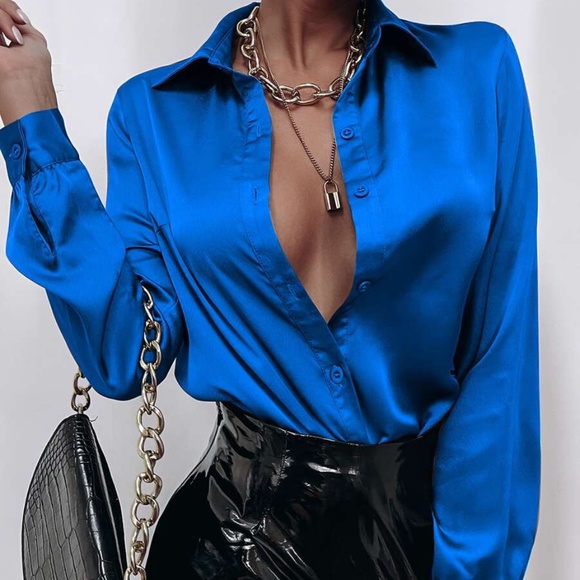 Satin Camel button up minimalist Boyfriend Shirt - Picture 5 of 12